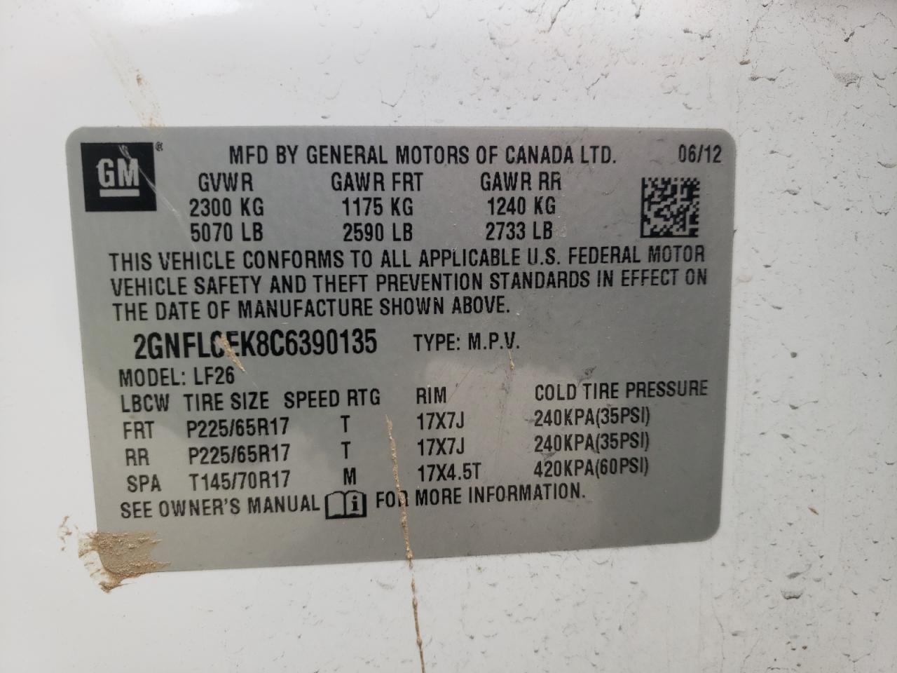 Photo 10 from auction – 2012 CHEVROLET EQUINOX LS with VIN 2GNFLCEK8C6390135