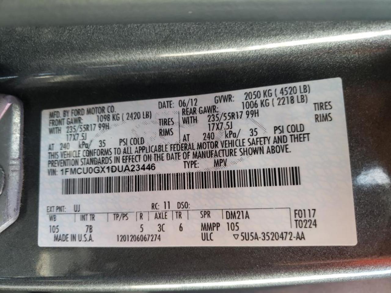 Photo 10 from auction – 2013 FORD ESCAPE SE with VIN 1FMCU0GX1DUA23446