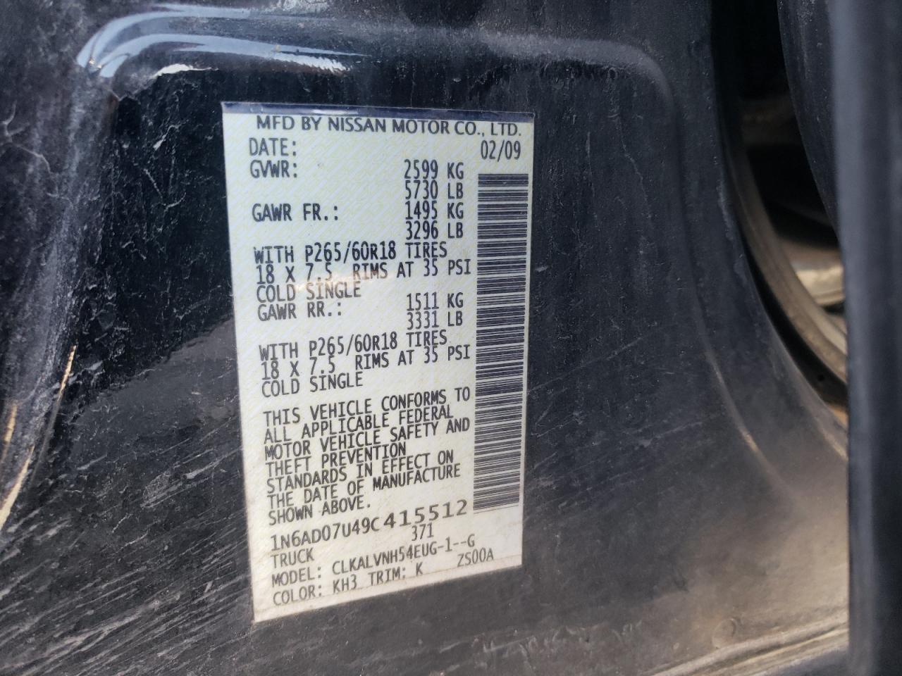 Photo 10 from auction – 2009 NISSAN FRONTIER C with VIN 1N6AD07U49C415512