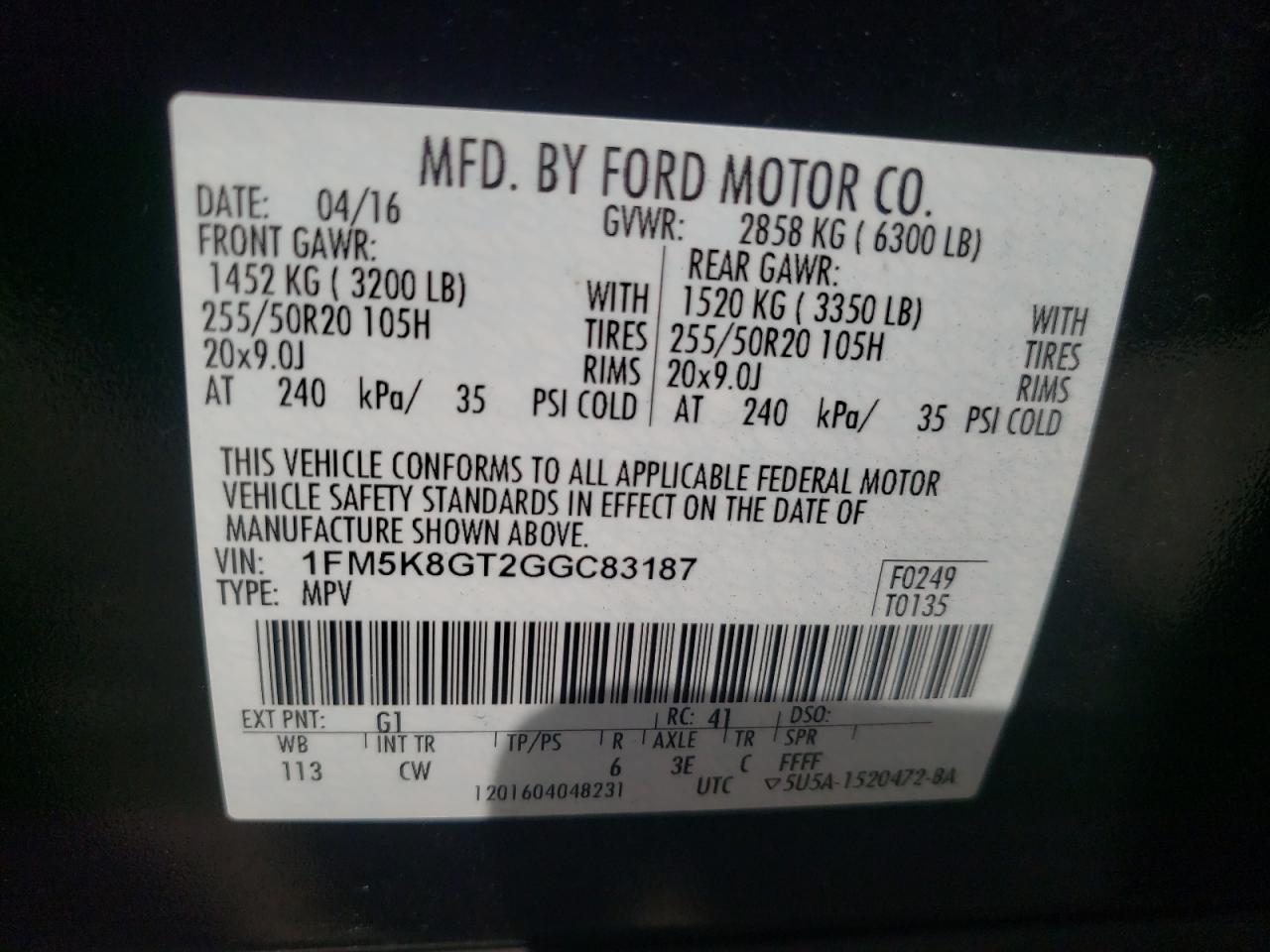 Photo 10 from auction – 2016 FORD EXPLORER S with VIN 1FM5K8GT2GGC83187