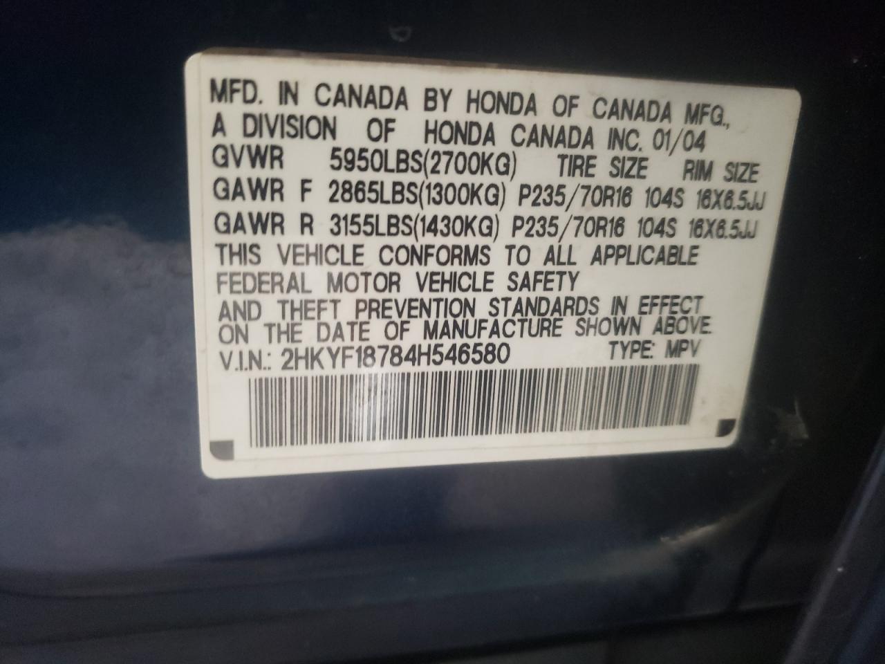 Photo 10 from auction – 2004 HONDA PILOT EXL with VIN 2HKYF18784H546580