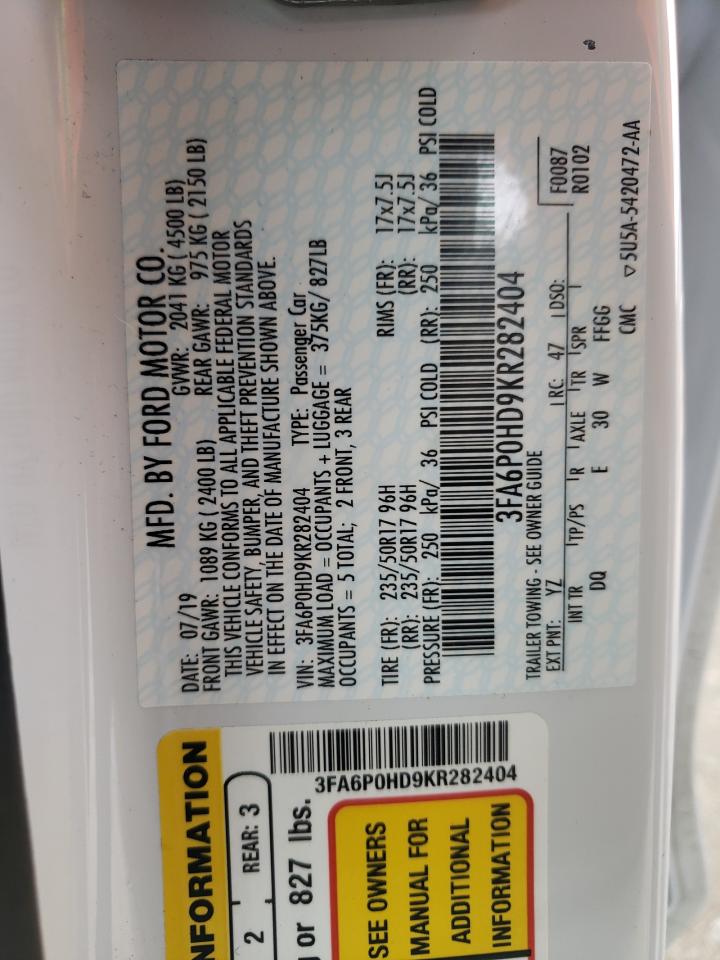 Photo 10 from auction – 2019 FORD FUSION SE with VIN 3FA6P0HD9KR282404