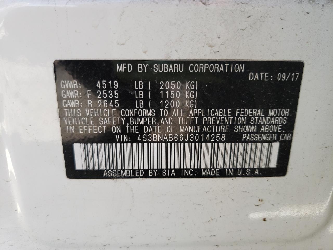 Photo 10 from auction – 2018 SUBARU LEGACY 2.5 with VIN 4S3BNAB66J3014258