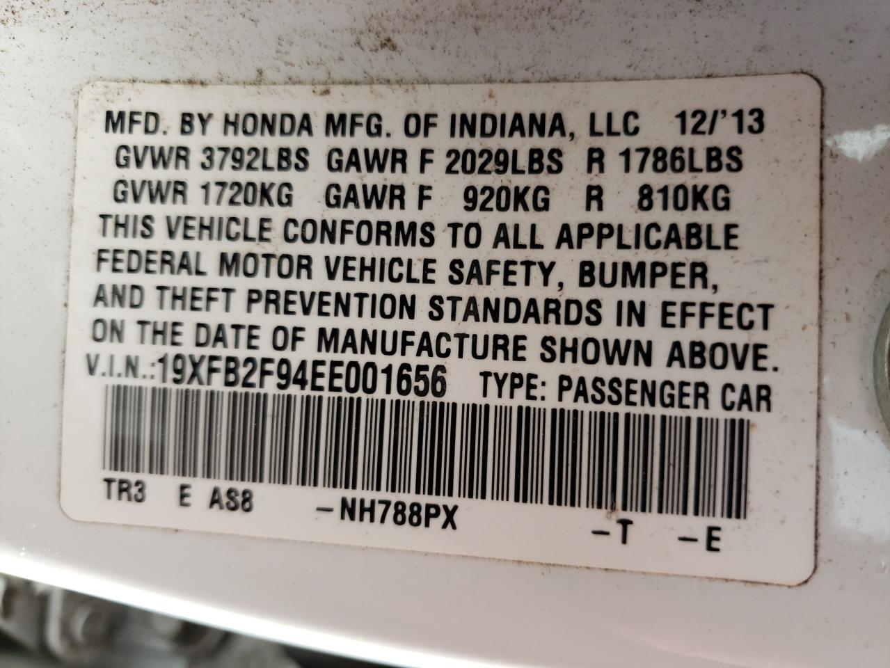 Photo 10 from auction – 2014 HONDA CIVIC EXL with VIN 19XFB2F94EE001656