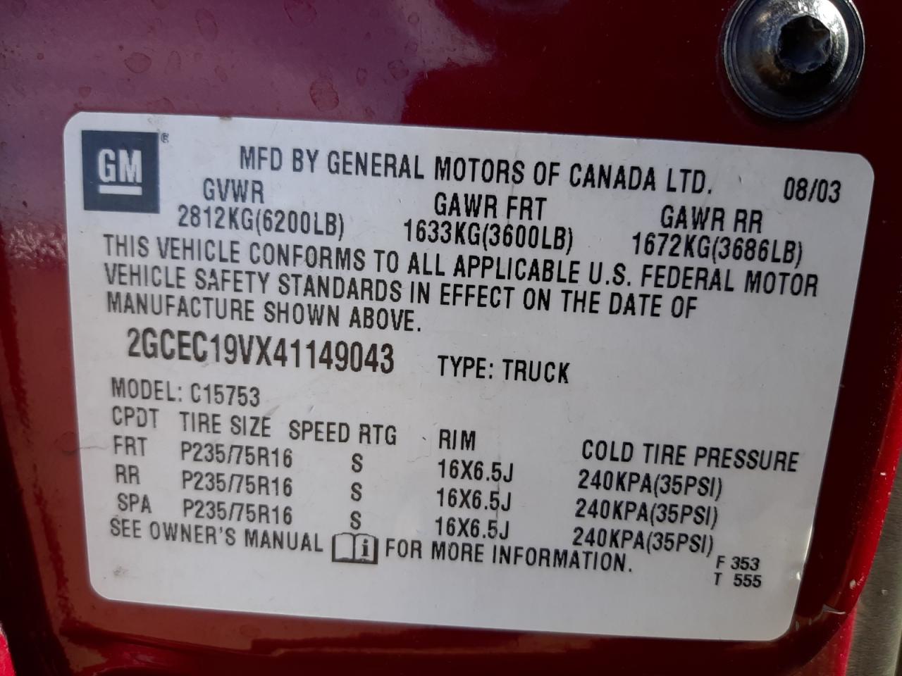 Photo 10 from auction – 2004 CHEVROLET SILVERADO with VIN 2GCEC19VX41149043