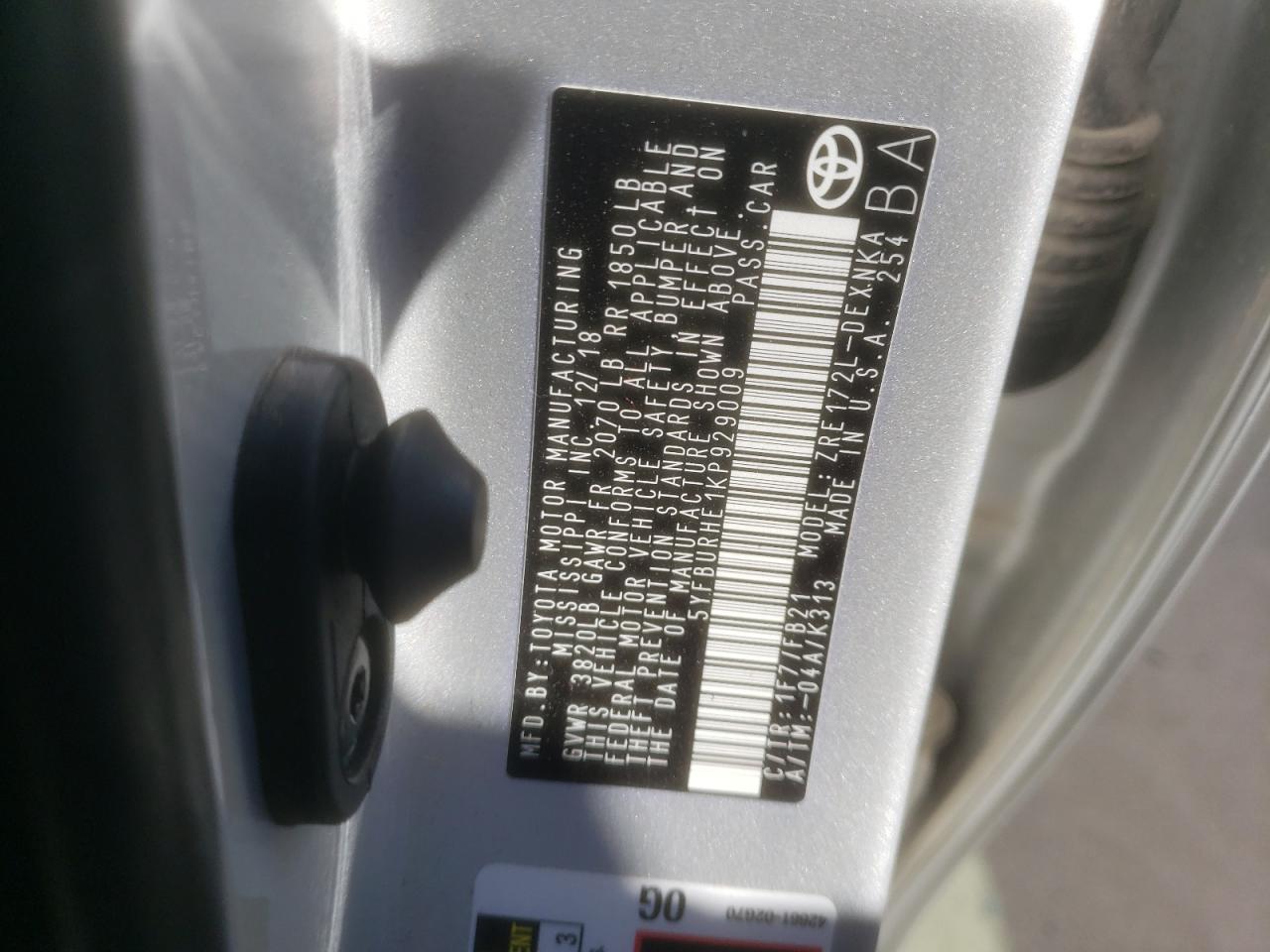Photo 10 from auction – 2019 TOYOTA COROLLA L with VIN 5YFBURHE1KP929009