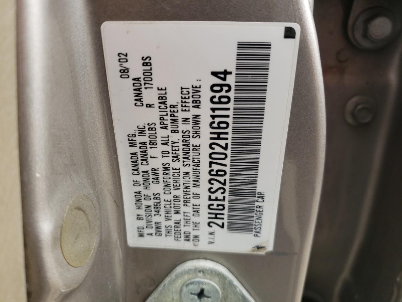 Photo 10 from auction – 2002 HONDA CIVIC EX with VIN 2HGES26702H611694