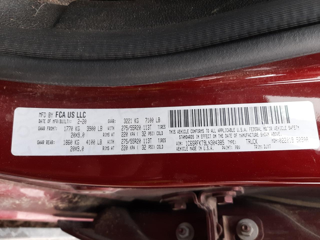 Photo 10 from auction – 2020 RAM 1500 LONGH with VIN 1C6SRFKT9LN304385
