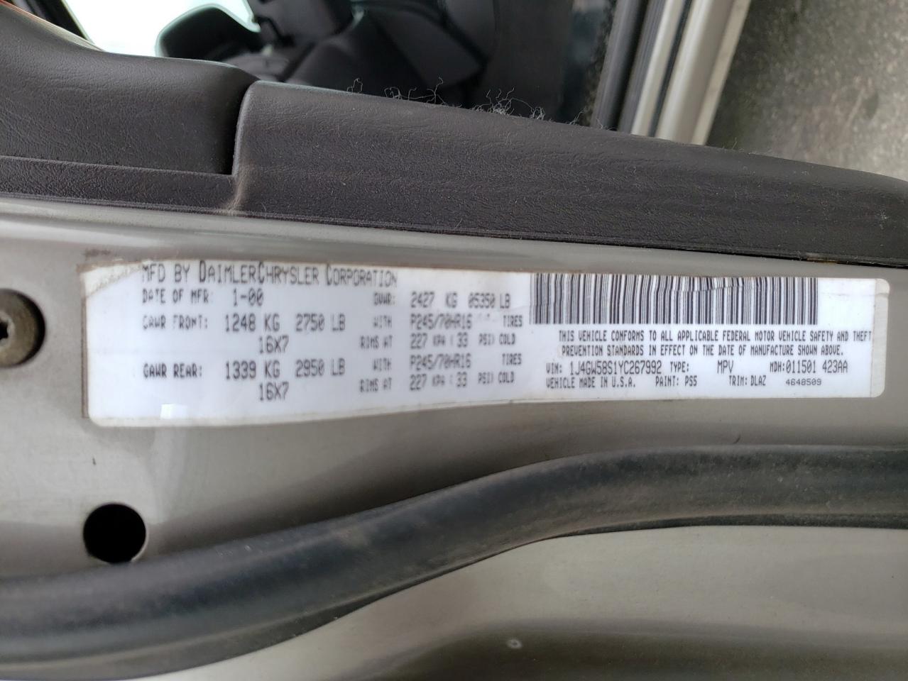 Photo 10 from auction – 2000 JEEP CHEROKEE with VIN 1J4GW58S1YC267992