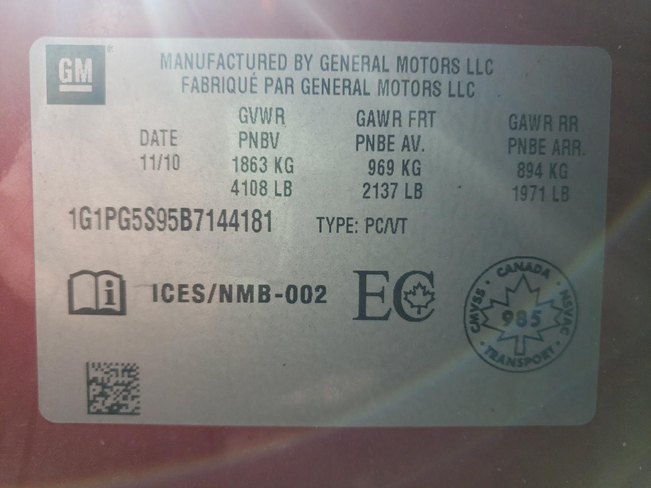 Photo 10 from auction – 2011 CHEVROLET CRUZE LT with VIN 1G1PG5S95B7144181