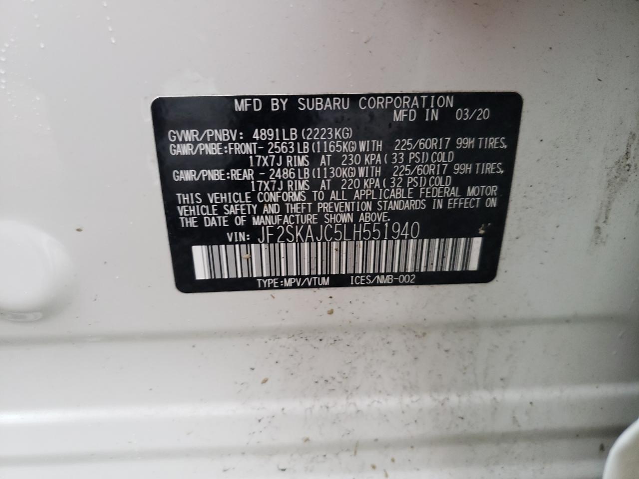 Photo 10 from auction – 2020 SUBARU FORESTER P with VIN JF2SKAJC5LH551940