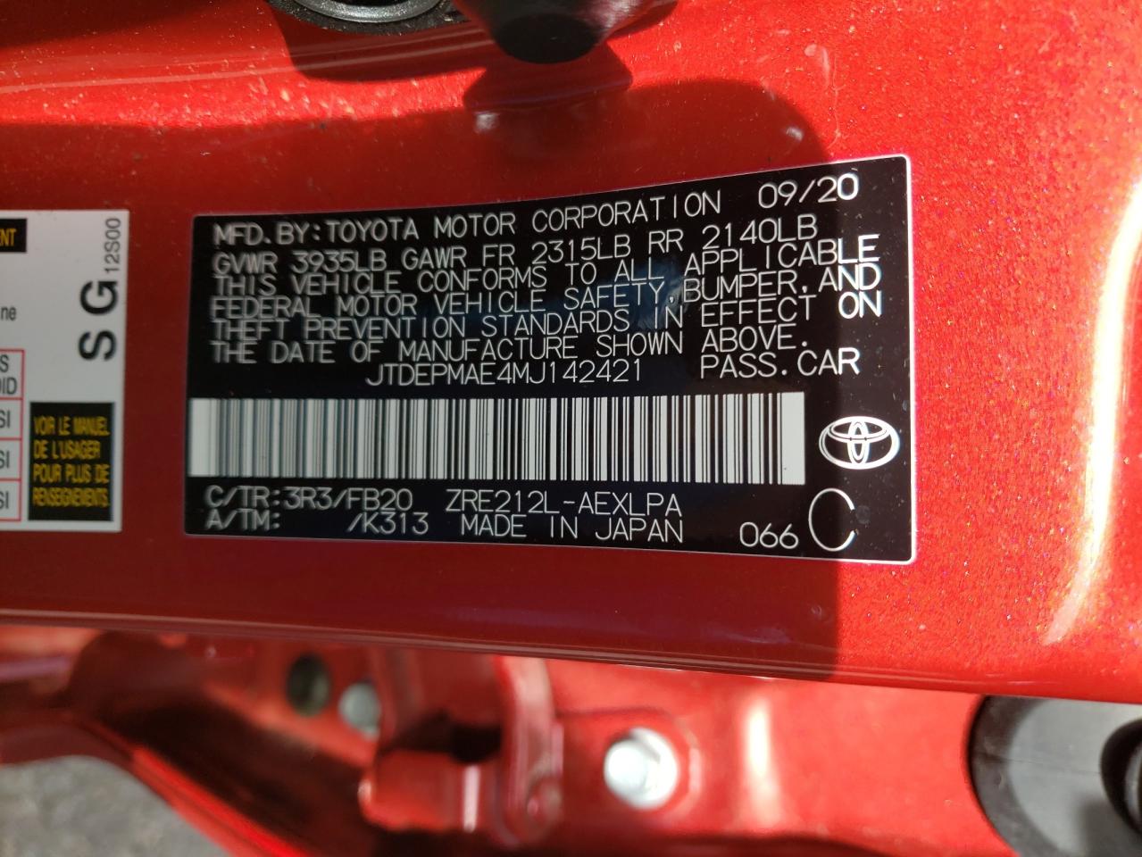 Photo 10 from auction – 2021 TOYOTA COROLLA LE with VIN JTDEPMAE4MJ142421