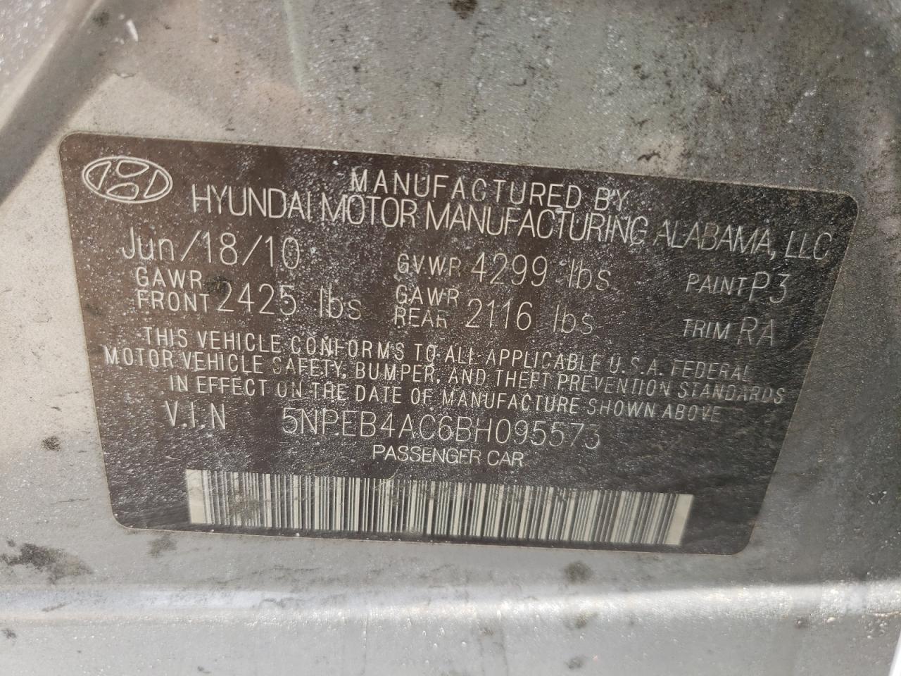 Photo 10 from auction – 2011 HYUNDAI SONATA GLS with VIN 5NPEB4AC6BH095573