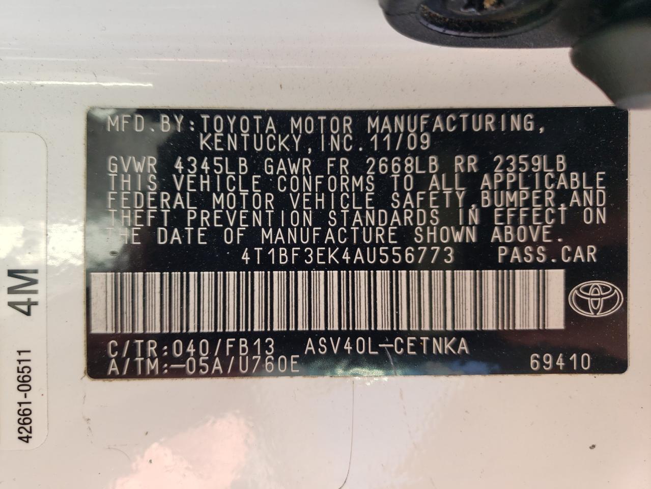 Photo 10 from auction – 2010 TOYOTA CAMRY BASE with VIN 4T1BF3EK4AU556773