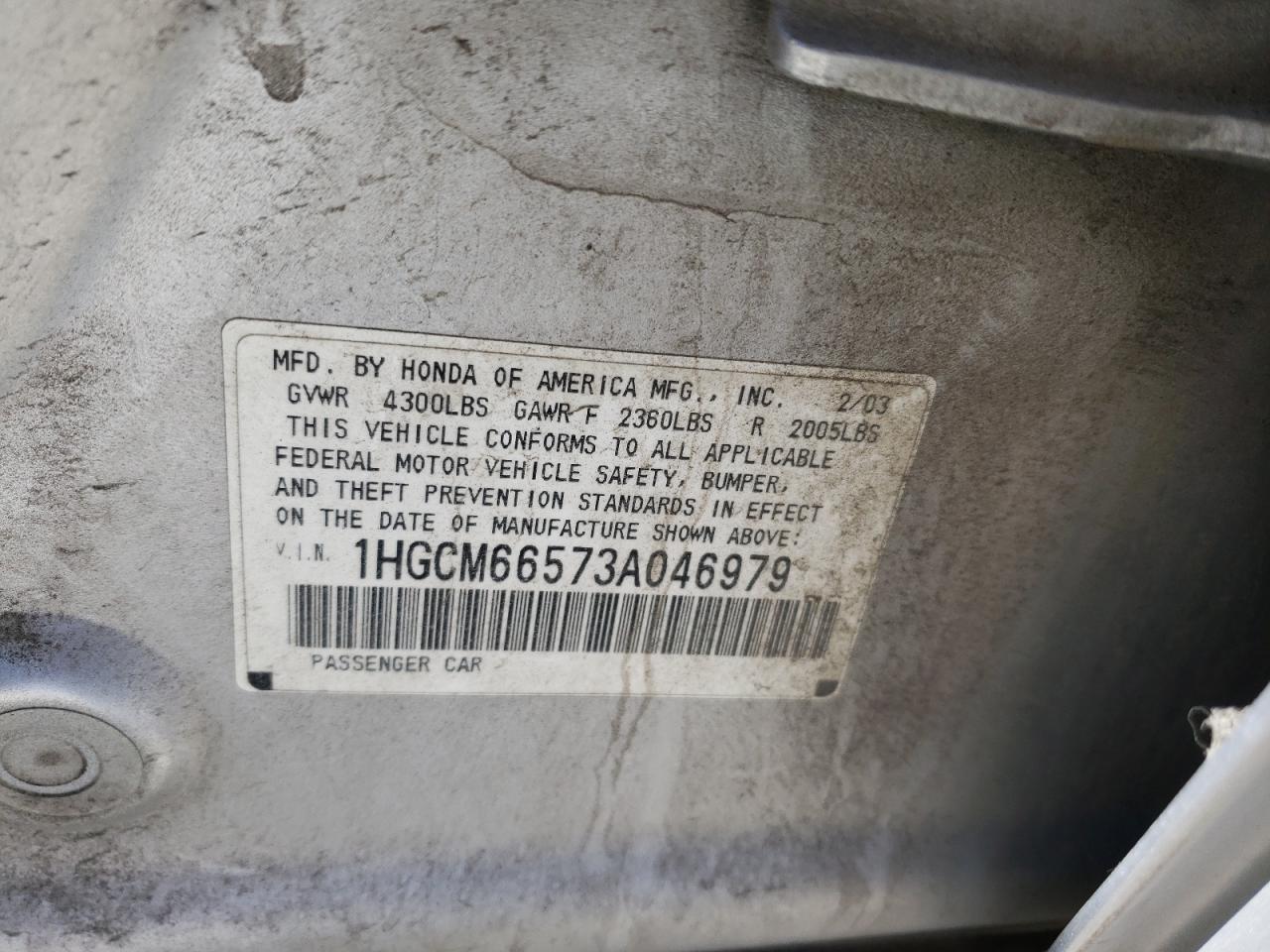 Photo 10 from auction – 2003 HONDA ACCORD with VIN 1HGCM66573A046979