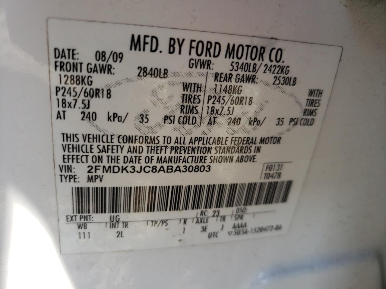 Photo 10 from auction – 2010 FORD EDGE SEL with VIN 2FMDK3JC8ABA30803