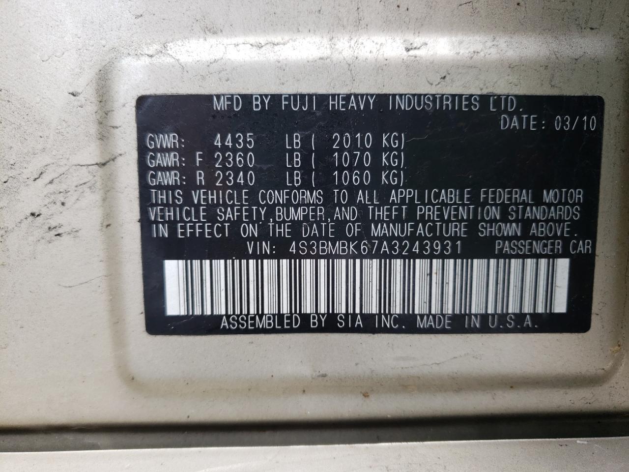 Photo 10 from auction – 2010 SUBARU LEGACY 2.5 with VIN 4S3BMBK67A3243931
