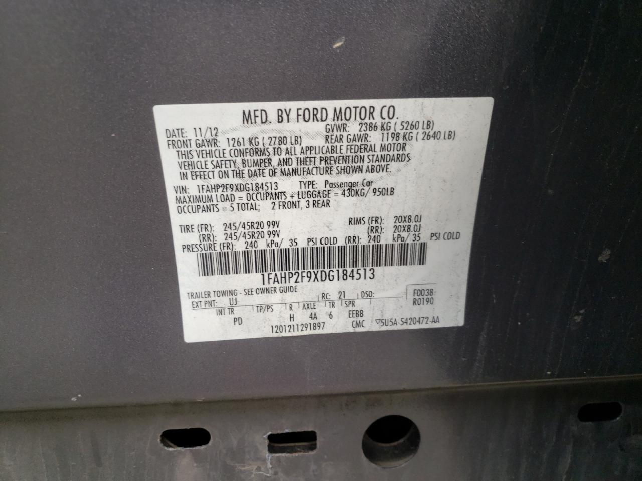 Photo 10 from auction – 2013 FORD TAURUS LIM with VIN 1FAHP2F9XDG184513