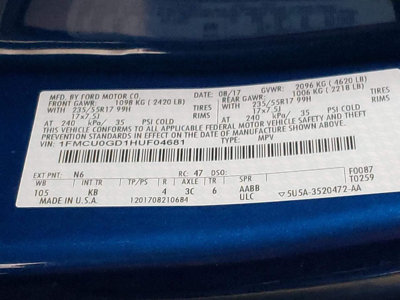 Photo 10 from auction – 2017 FORD ESCAPE SE with VIN 1FMCU0GD1HUF04681