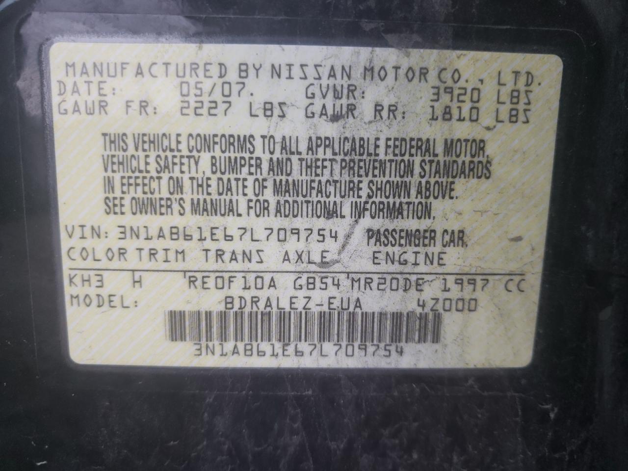Photo 10 from auction – 2007 NISSAN SENTRA 2.0 with VIN 3N1AB61E67L709754