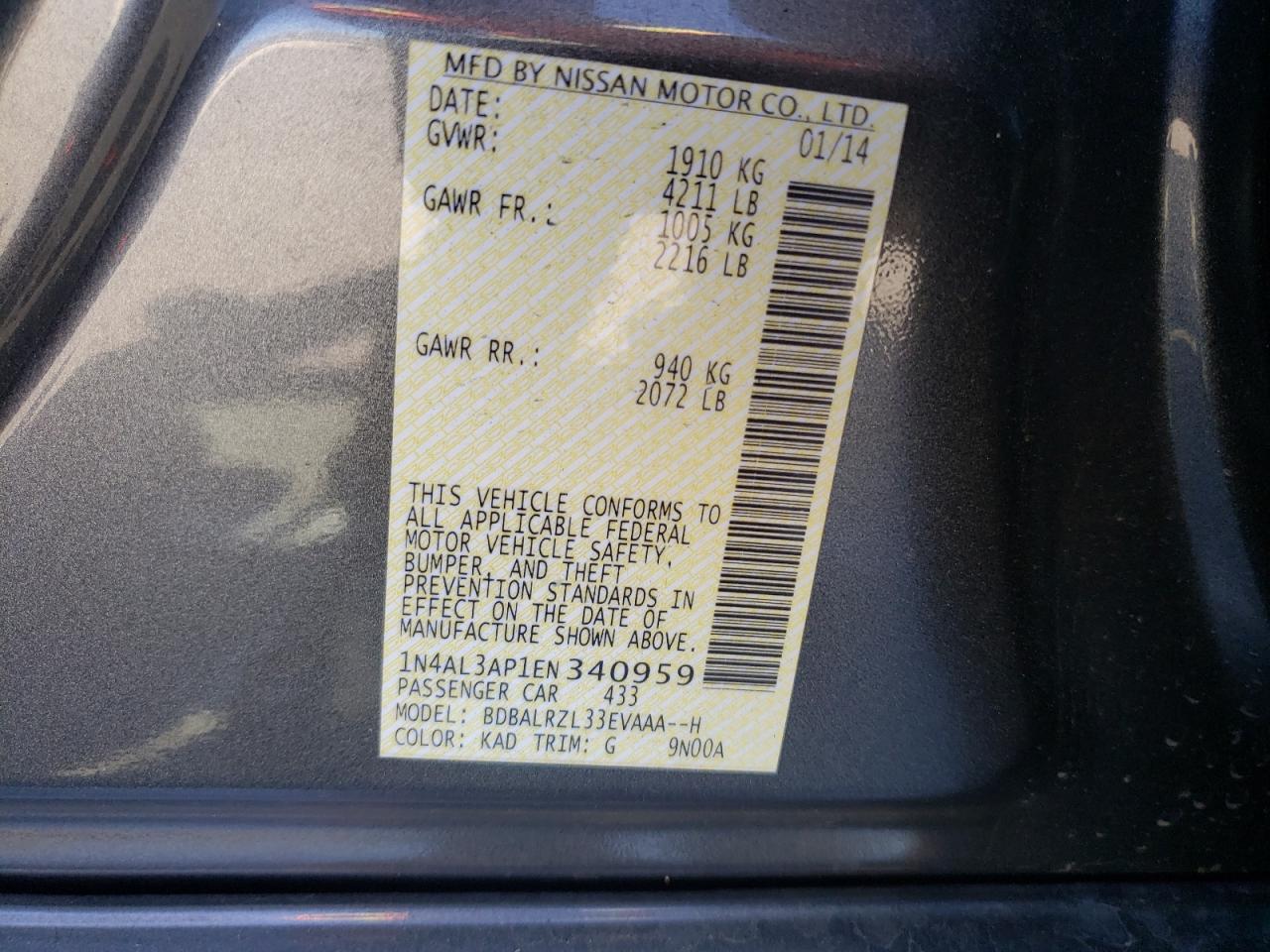 Photo 10 from auction – 2014 NISSAN ALTIMA 2.5 with VIN 1N4AL3AP1EN340959