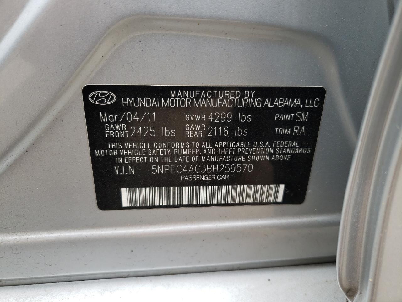 Zdjęcie 10 z aukcji – 2011 HYUNDAI SONATA SE z VIN 5NPEC4AC3BH259570