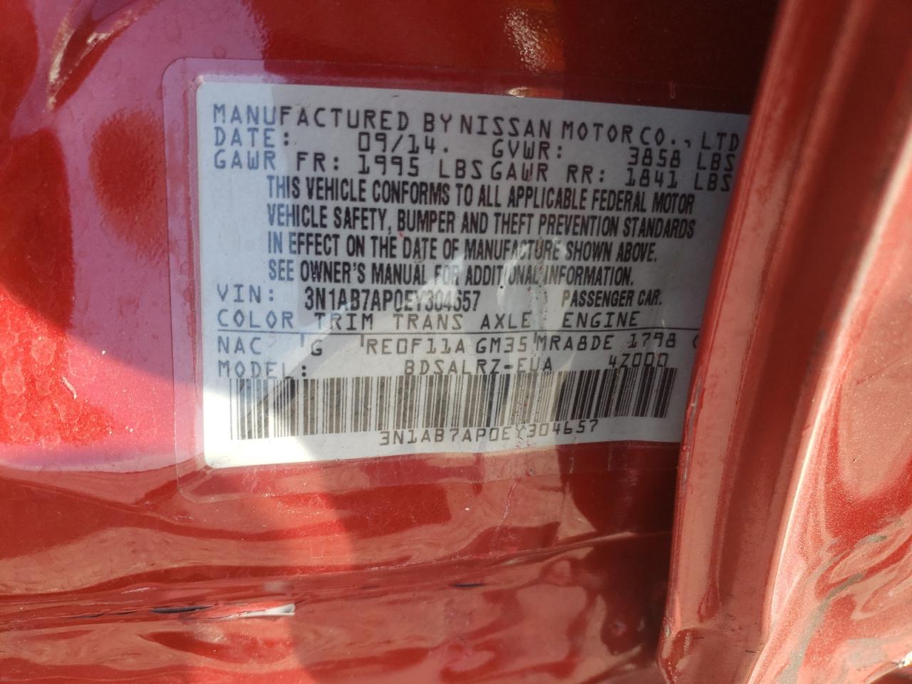 Photo 10 from auction – 2014 NISSAN SENTRA S with VIN 3N1AB7AP0EY304657