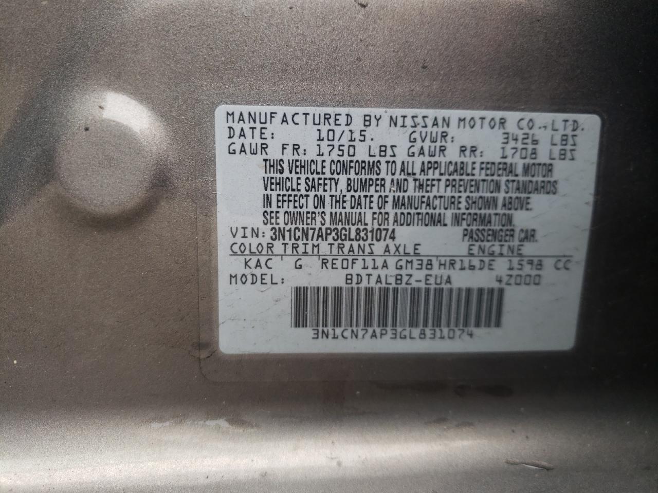 Photo 10 from auction – 2016 NISSAN VERSA S with VIN 3N1CN7AP3GL831074