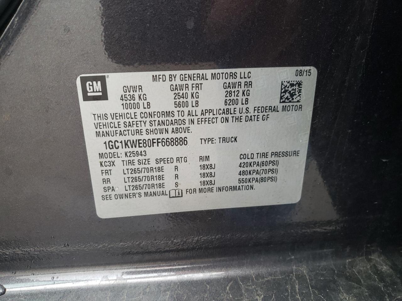 Photo 10 from auction – 2015 CHEVROLET SILVERADO with VIN 1GC1KWE80FF668886