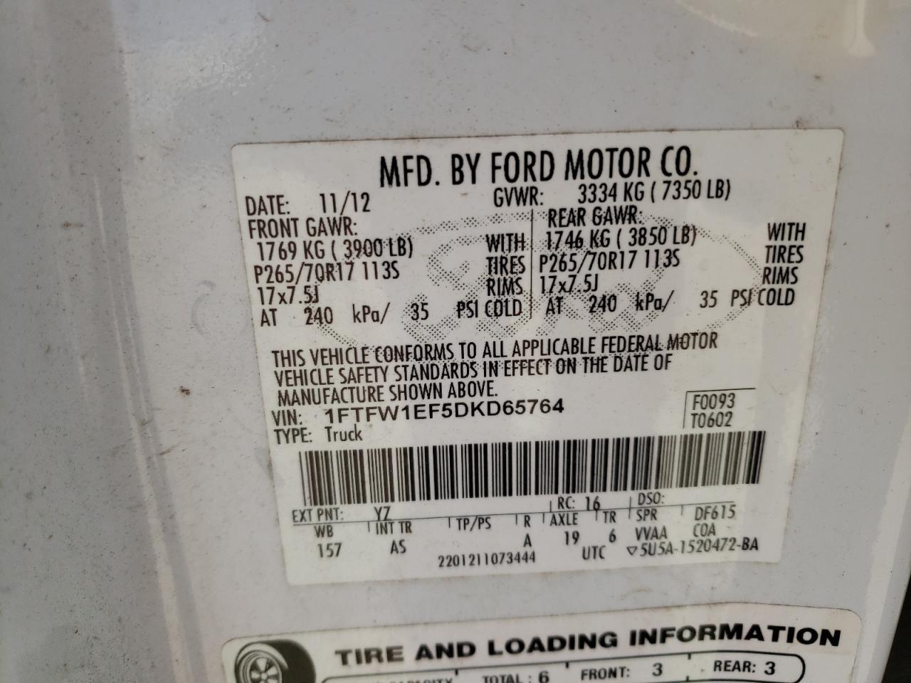 Photo 10 from auction – 2013 FORD F150 SUPER with VIN 1FTFW1EF5DKD65764