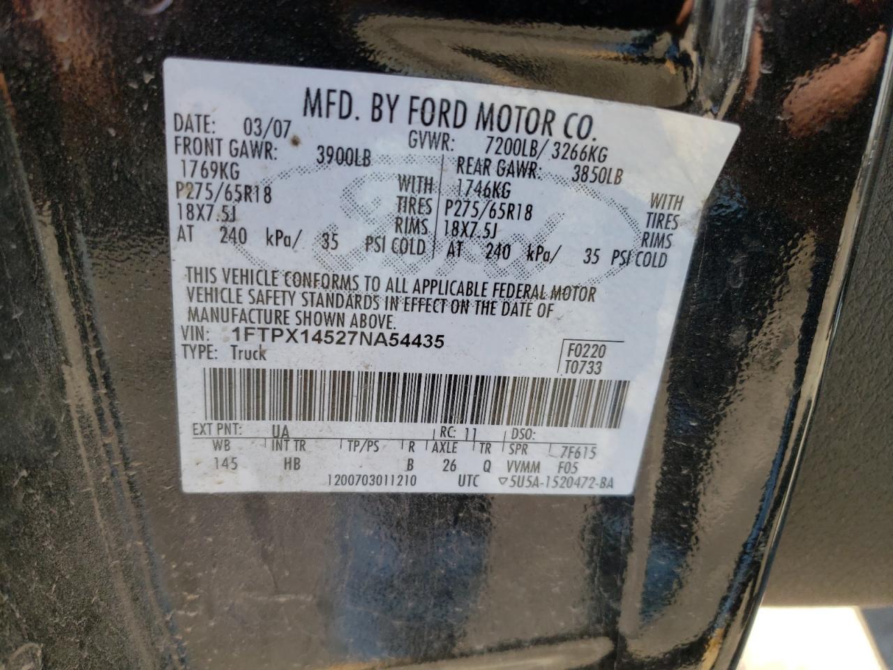 Photo 10 from auction – 2007 FORD F150 with VIN 1FTPX14527NA54435