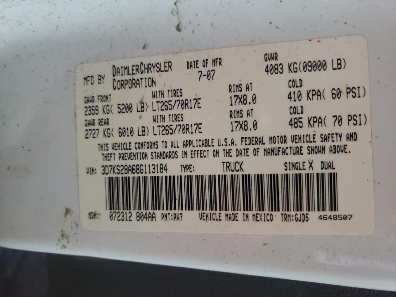 Photo 10 from auction – 2008 DODGE RAM 2500 S with VIN 3D7KS28A68G113184