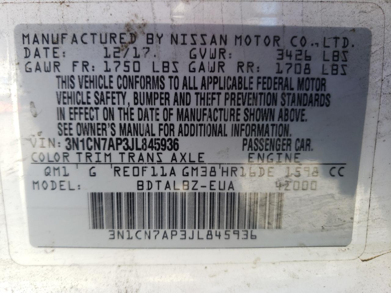 Photo 10 from auction – 2018 NISSAN VERSA S with VIN 3N1CN7AP3JL845936