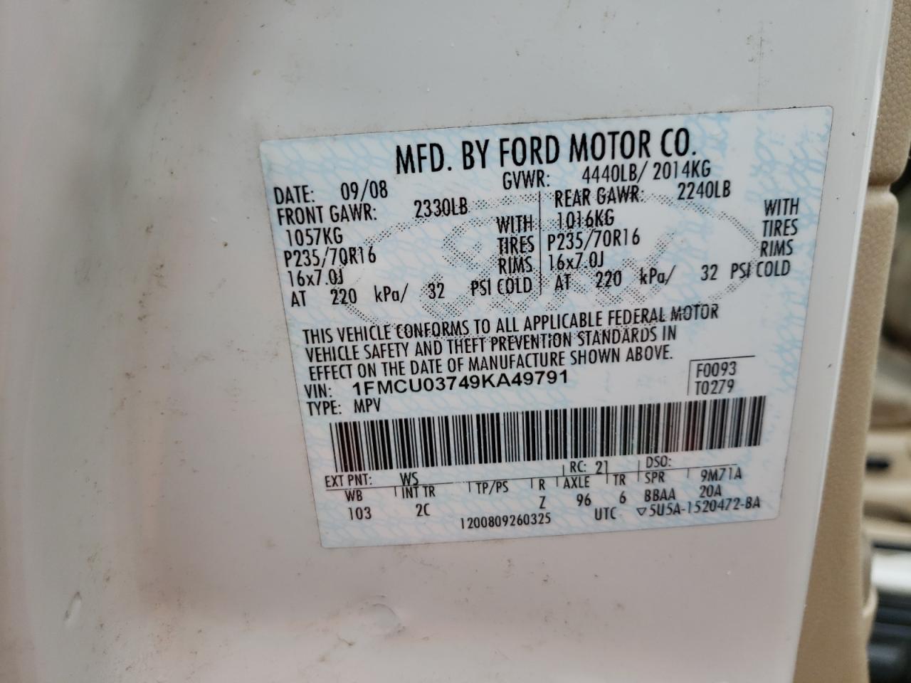 Photo 10 from auction – 2009 FORD ESCAPE with VIN 1FMCU03749KA49791