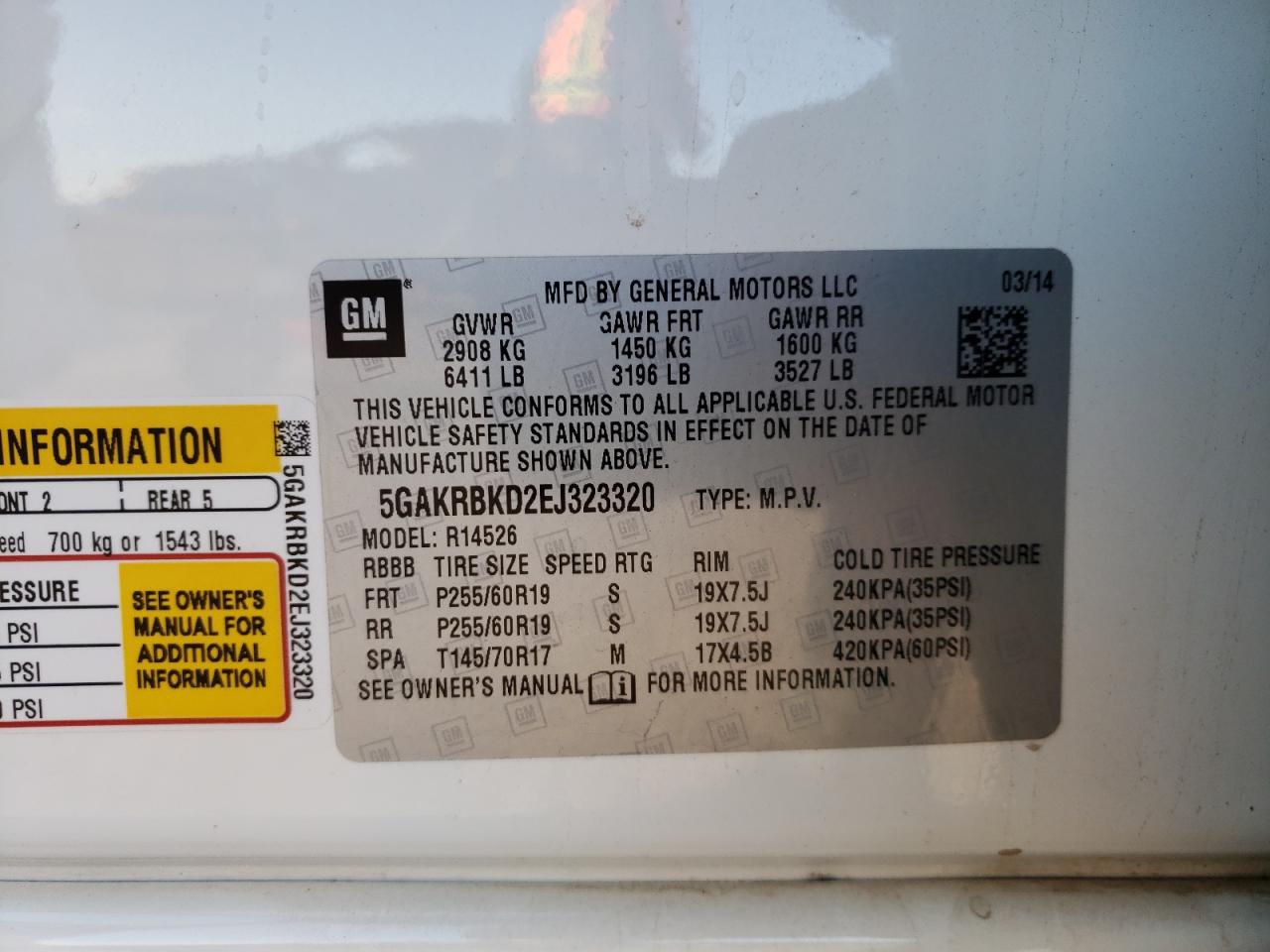 Photo 10 from auction – 2014 BUICK ENCLAVE with VIN 5GAKRBKD2EJ323320