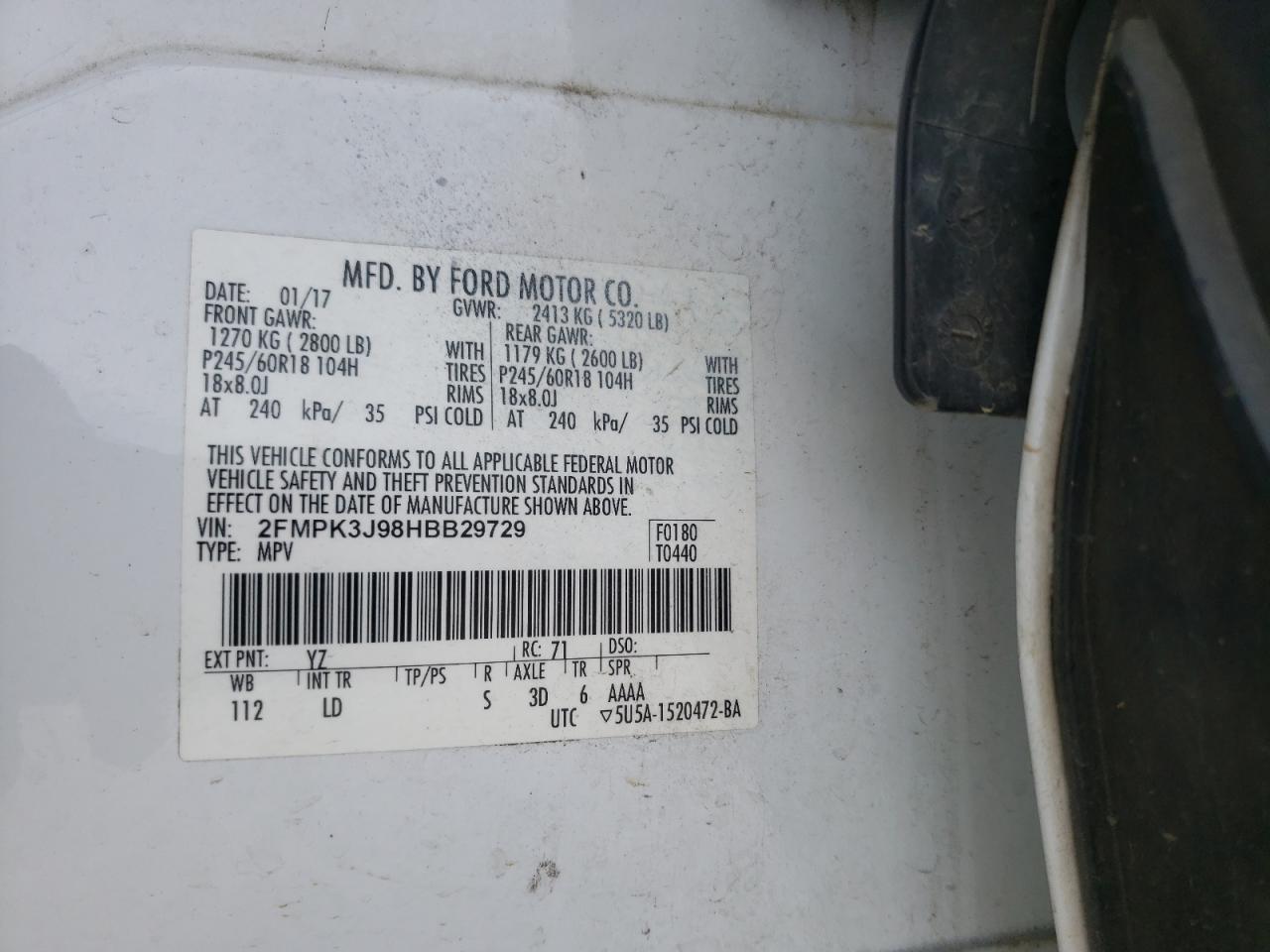 Photo 10 from auction – 2017 FORD EDGE SEL with VIN 2FMPK3J98HBB29729