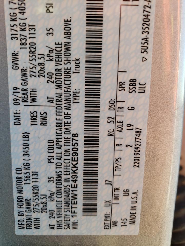Photo 10 from auction – 2019 FORD F150 SUPER with VIN 1FTEW1E49KKE90578