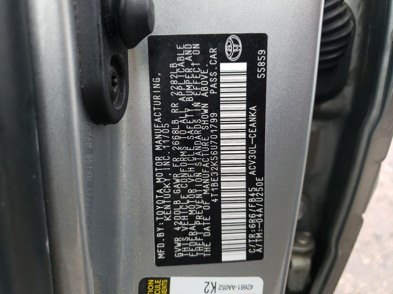 Photo 10 from auction – 2006 TOYOTA CAMRY LE with VIN 4T1BE32K56U701799