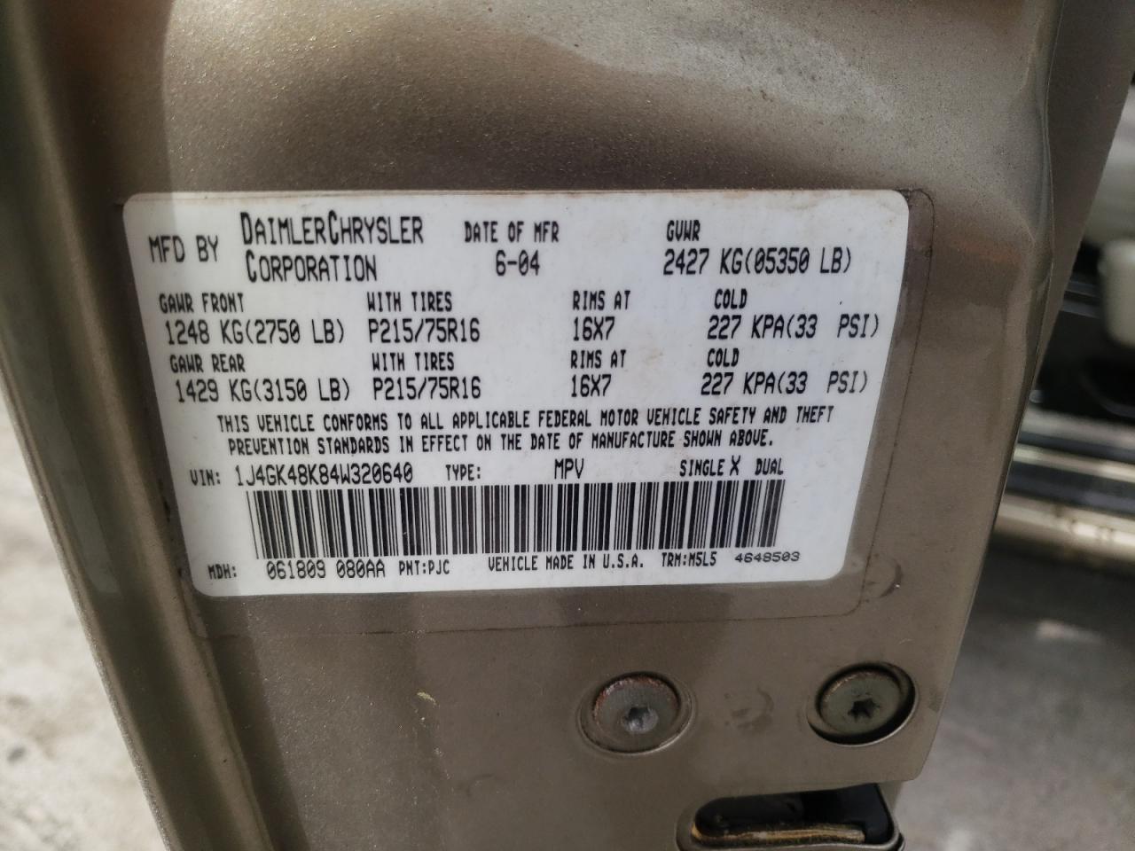 Photo 10 from auction – 2004 JEEP LIBERTY with VIN 1J4GK48K84W320640