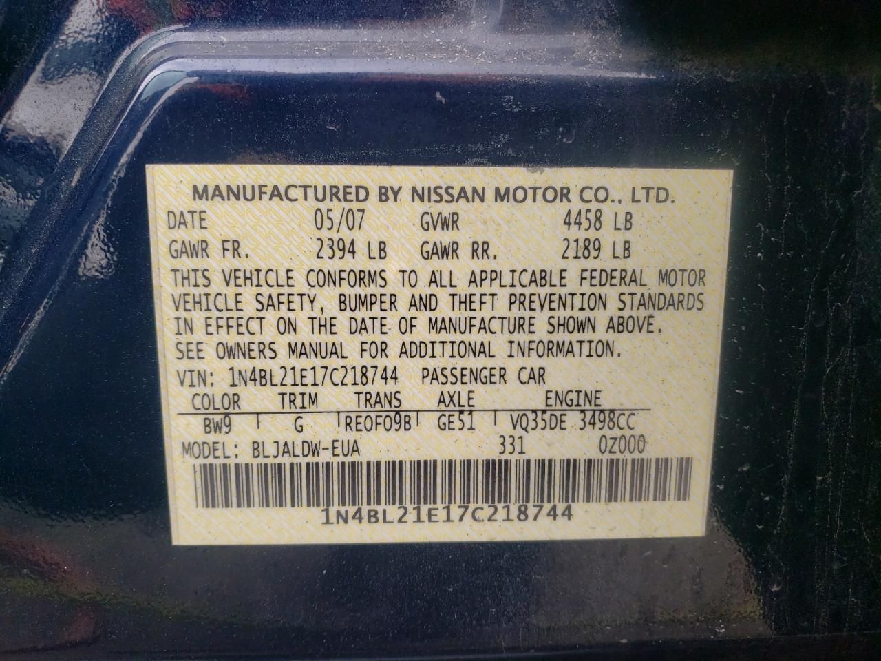 Photo 10 from auction – 2007 NISSAN ALTIMA 3.5 with VIN 1N4BL21E17C218744