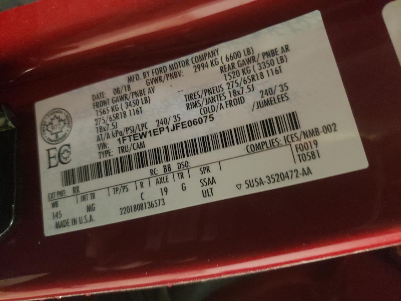 Photo 10 from auction – 2018 FORD F150 SUPER with VIN 1FTEW1EP1JFE06075
