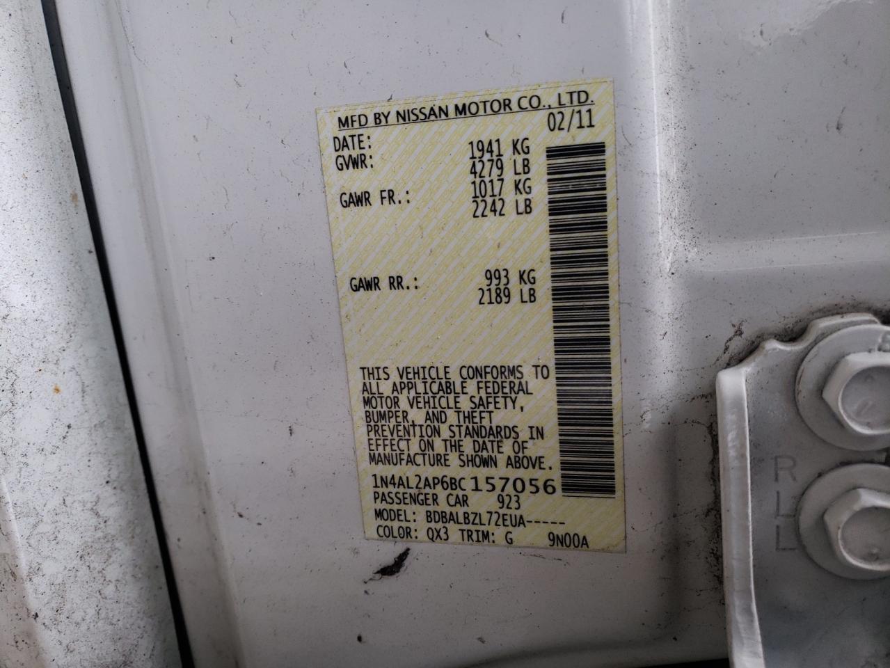 Photo 10 from auction – 2011 NISSAN ALTIMA BAS with VIN 1N4AL2AP6BC157056