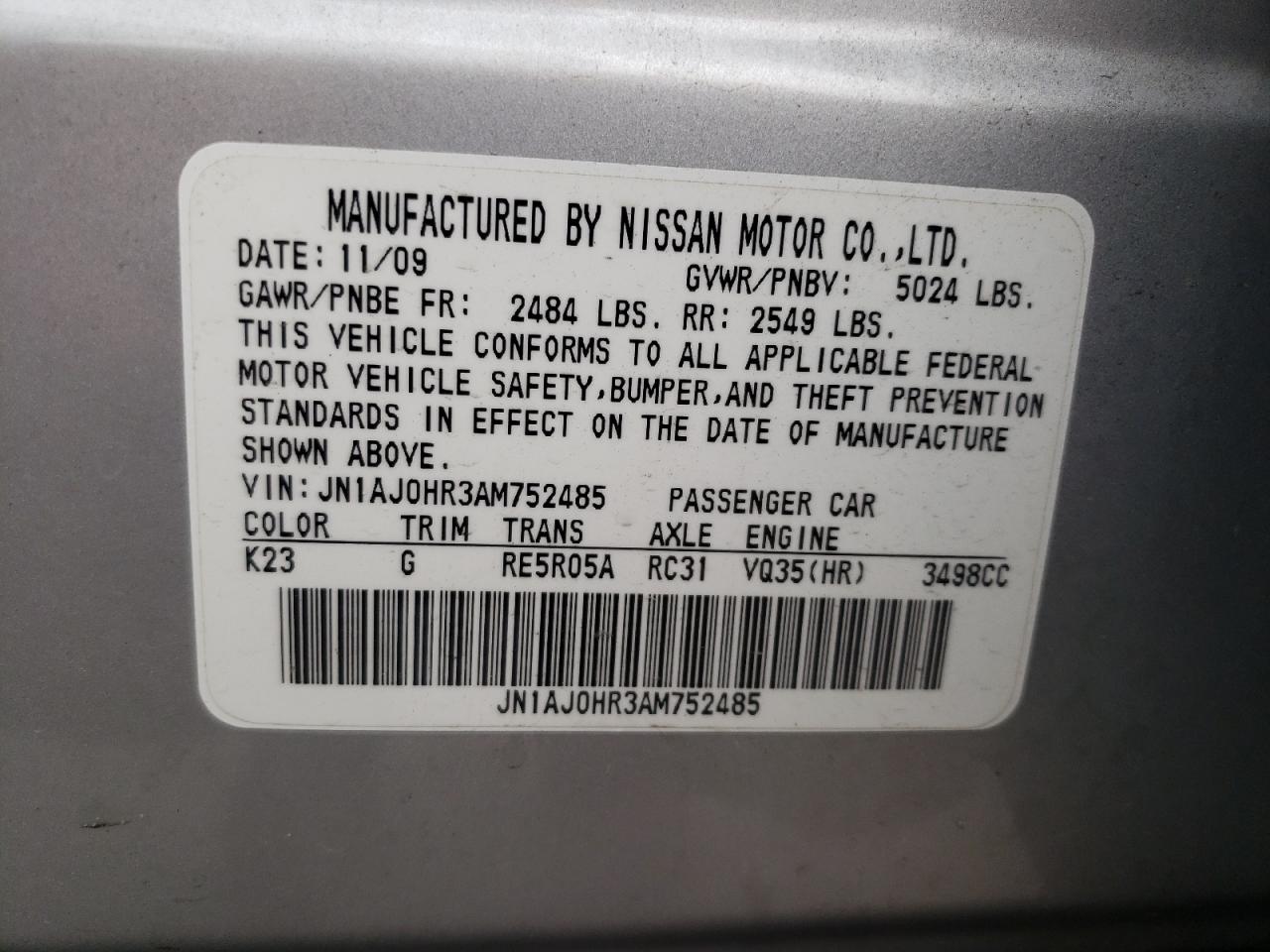 Photo 10 from auction – 2010 INFINITI EX35 BASE with VIN JN1AJ0HR3AM752485