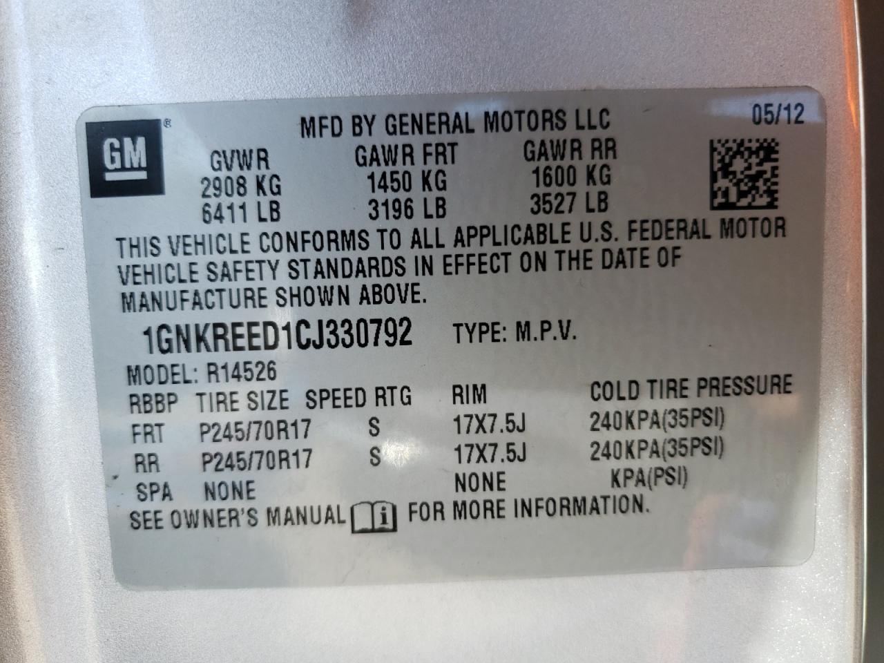 Photo 10 from auction – 2012 CHEVROLET TRAVERSE L with VIN 1GNKREED1CJ330792