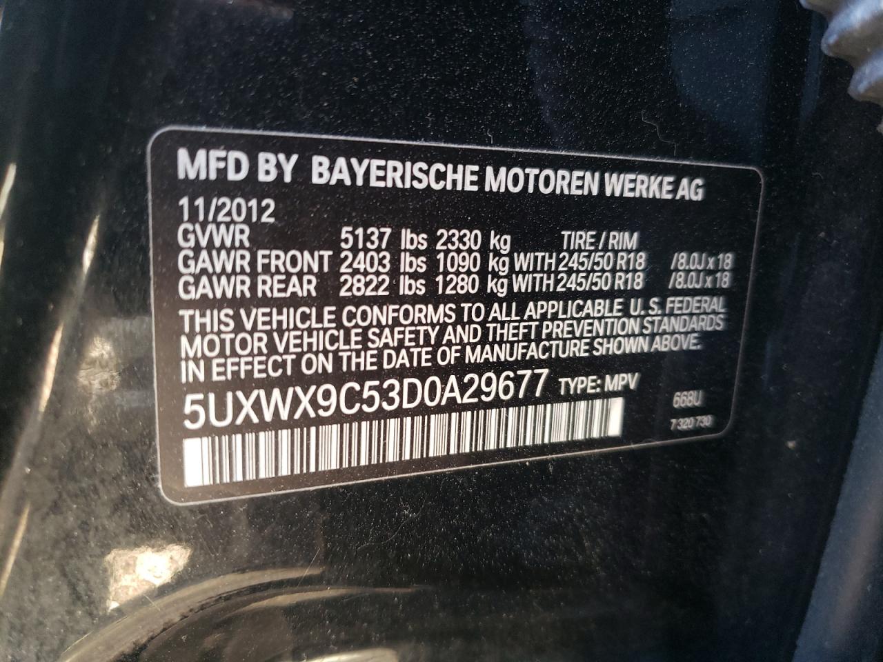 Photo 10 from auction – 2013 BMW X3 XDRIVE2 with VIN 5UXWX9C53D0A29677