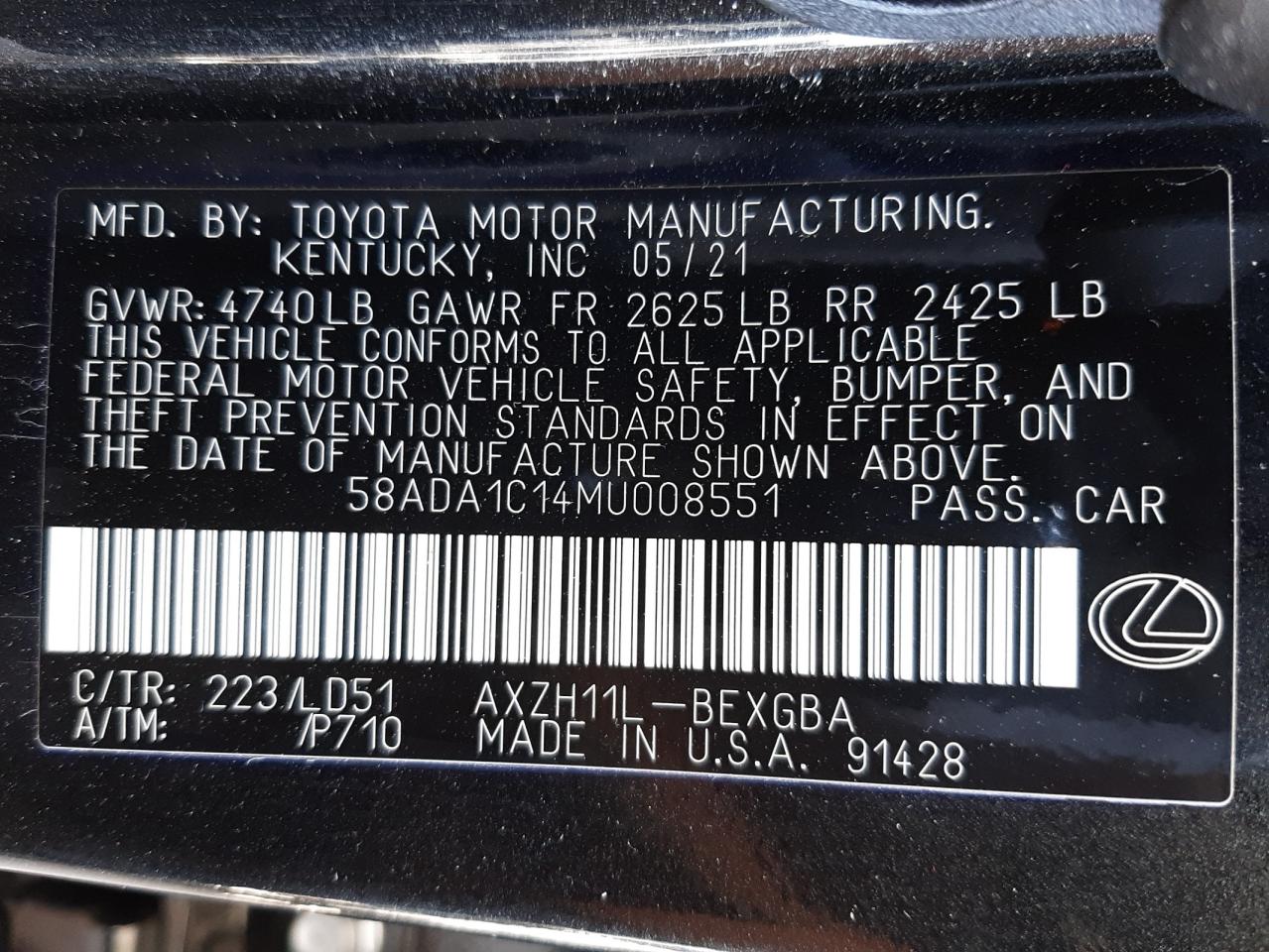 Photo 10 from auction – 2021 LEXUS ES 300H with VIN 58ADA1C14MU008551