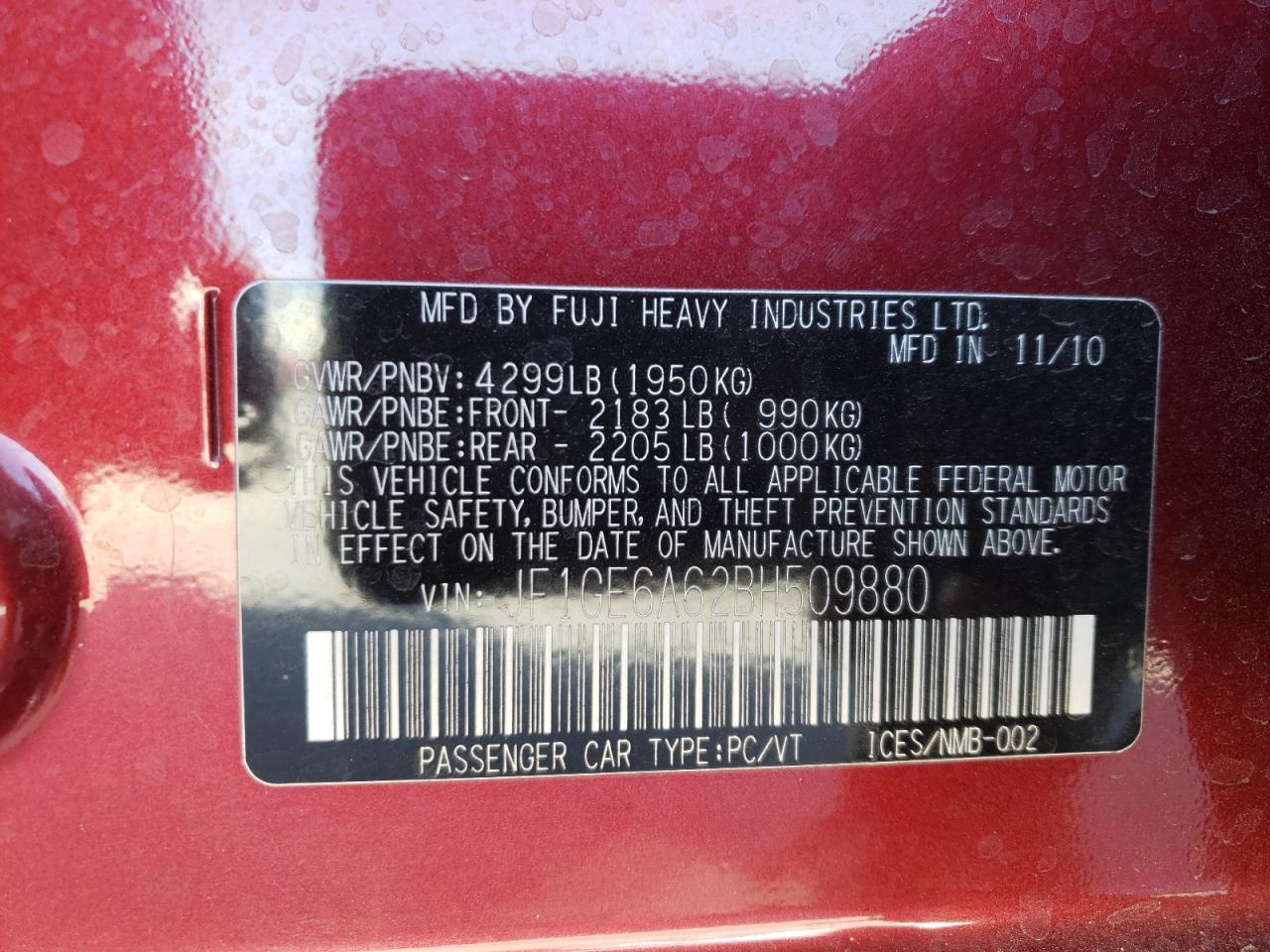 Photo 10 from auction – 2011 SUBARU IMPREZA 2. with VIN JF1GE6A62BH509880