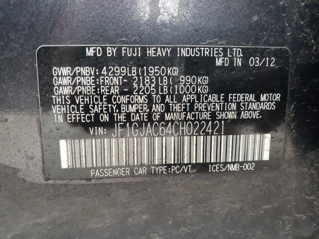 Photo 10 from auction – 2012 SUBARU IMPREZA PR with VIN JF1GJAC64CH022421