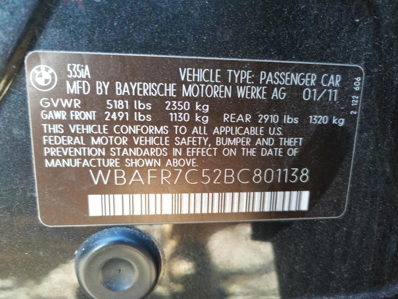 Photo 10 from auction – 2011 BMW 535 I with VIN WBAFR7C52BC801138
