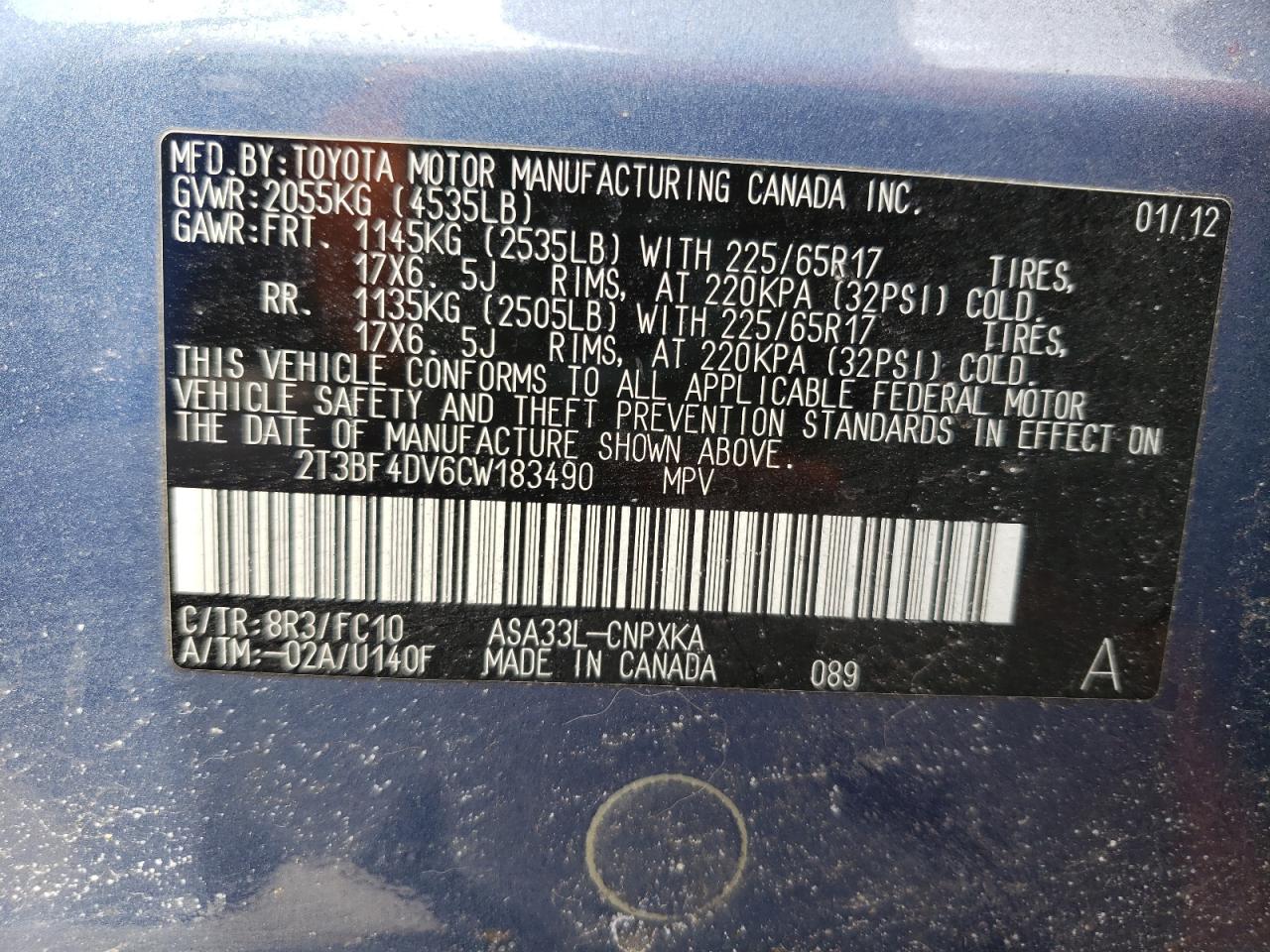 Photo 10 from auction – 2012 TOYOTA RAV4 with VIN 2T3BF4DV6CW183490